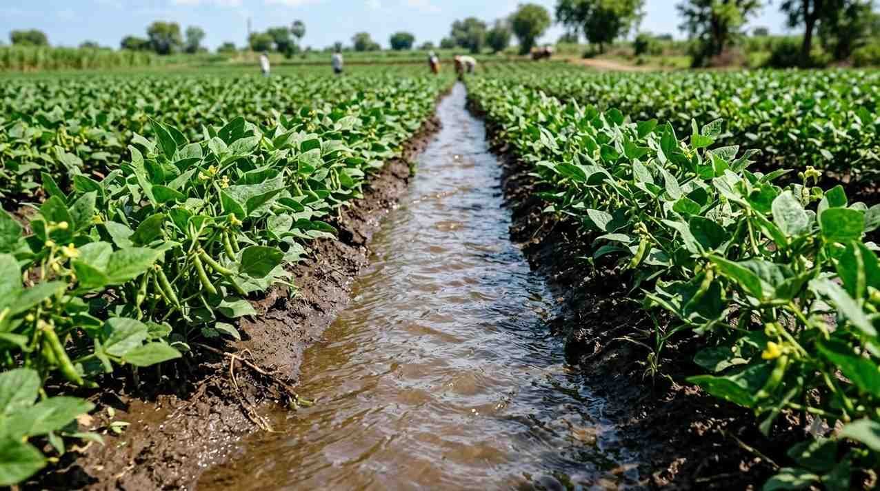 Irrigation water flowing in green gram cultivation field 