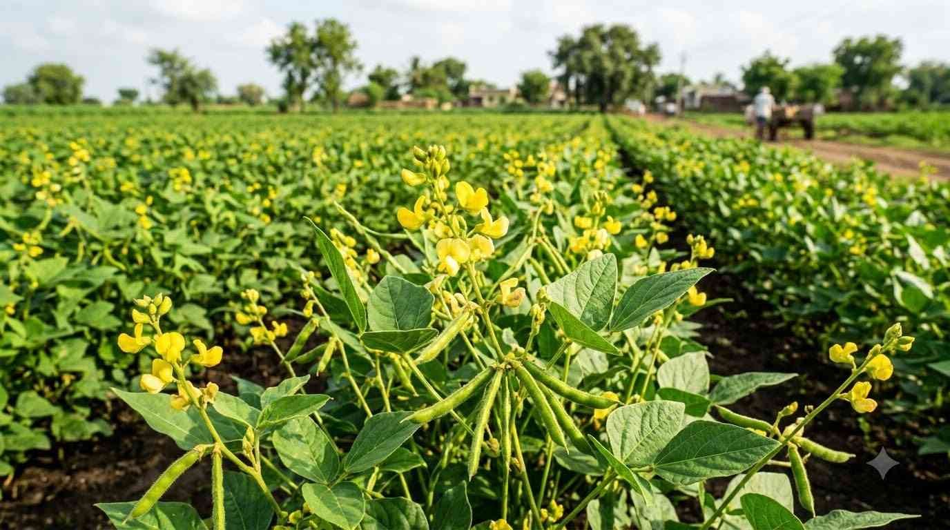 Green gram cultivation showing flowering and pod stage