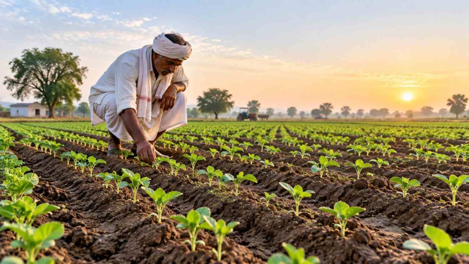 Farmer checking guar seedlings after sowing in a field