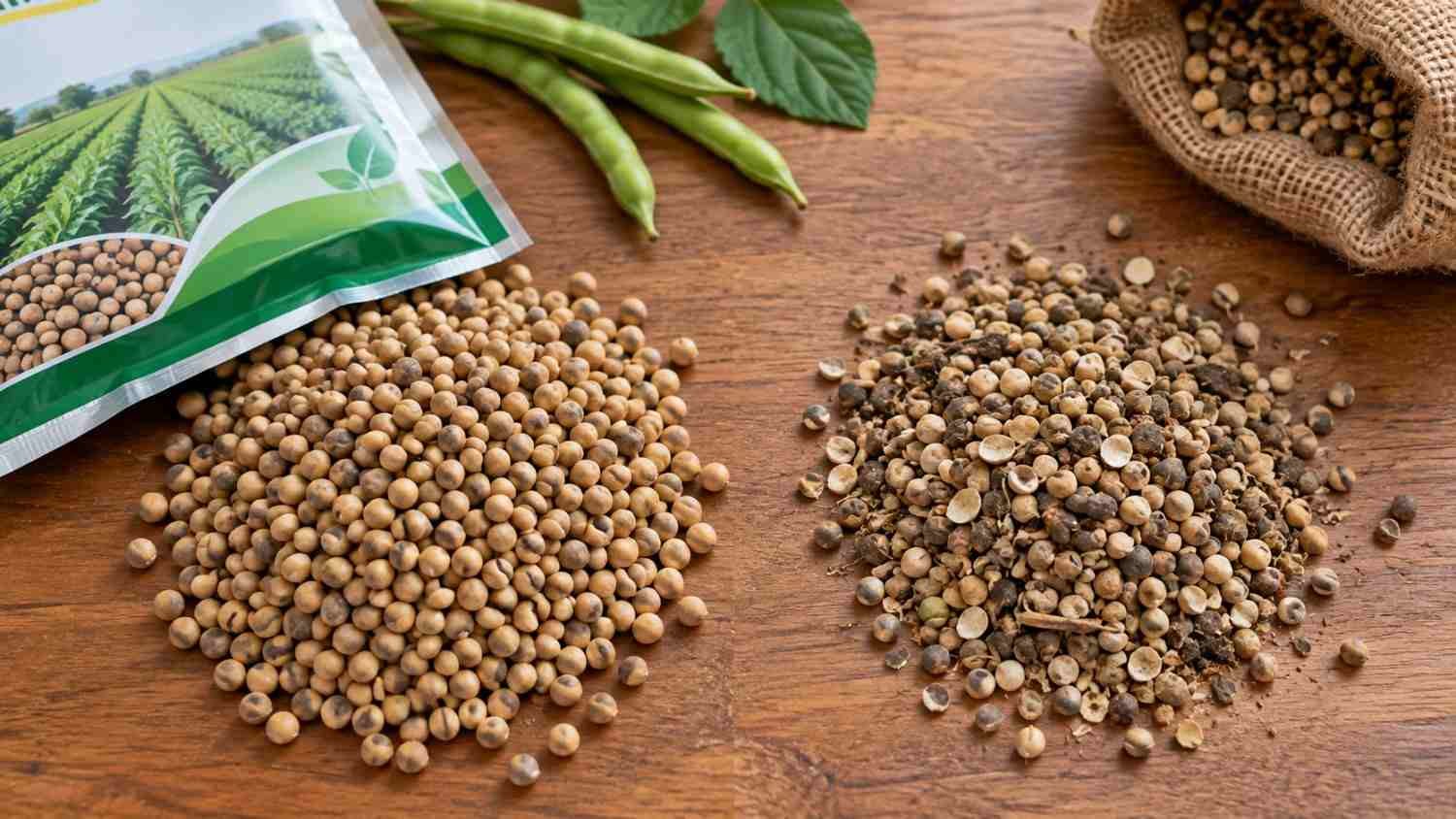 Certified guar seeds beside mixed local guar seeds to show the quality difference