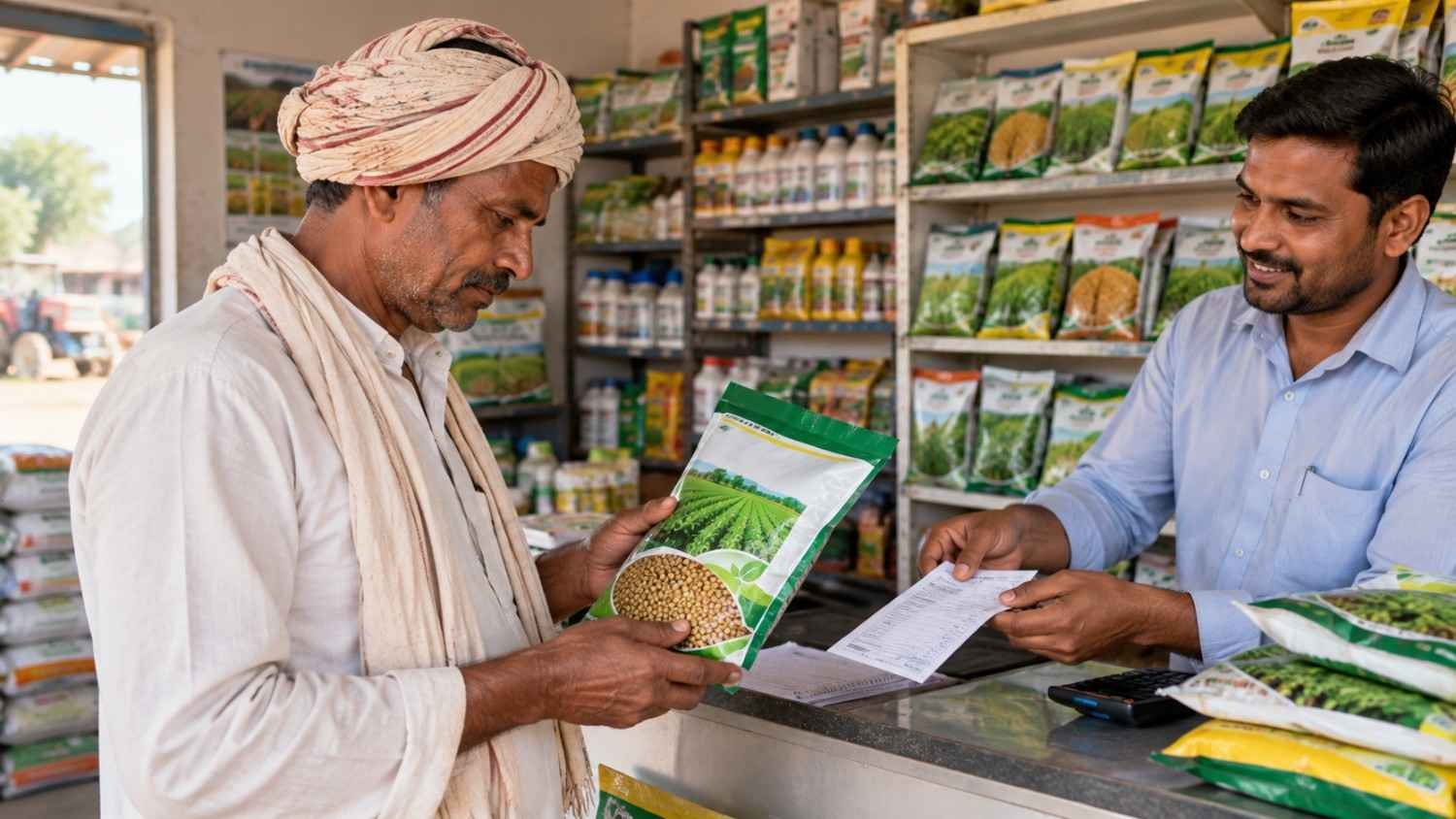  Farmer checking the tag on a certified guar seed packet before buying from a dealer