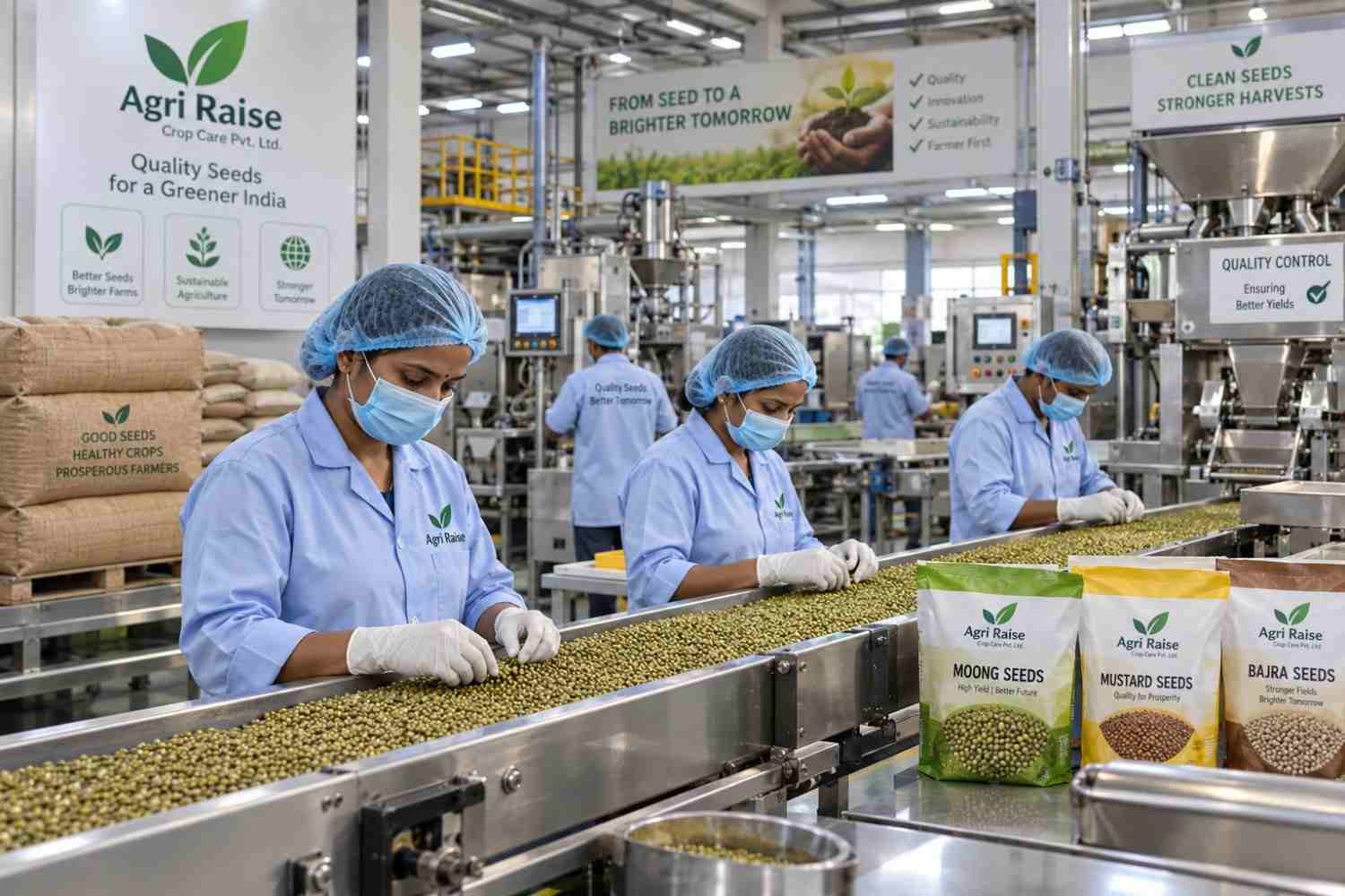 Agricultural seed manufacturers checking seed quality at processing facility