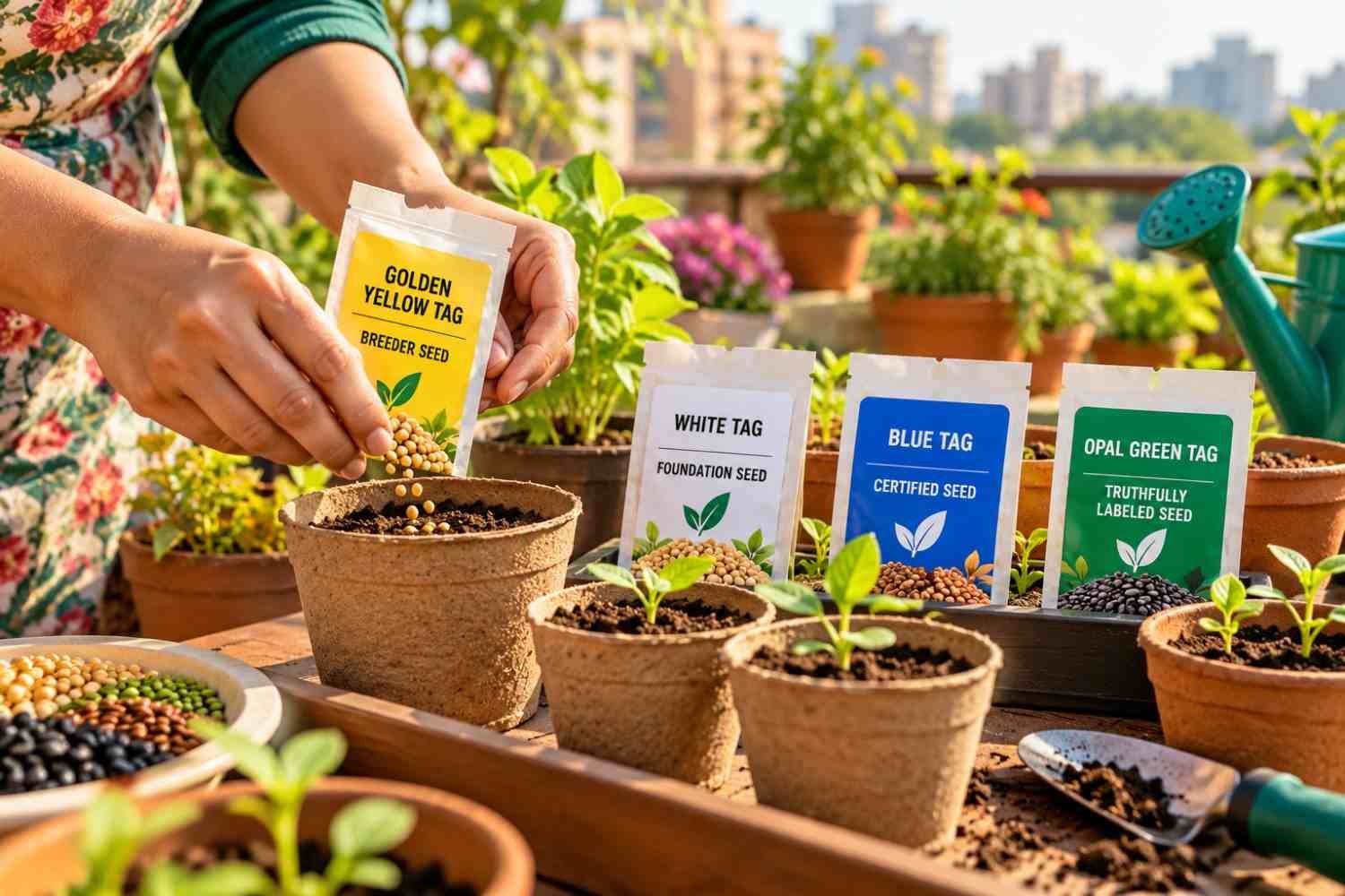 Gardener sowing quality seeds for your garden using certified seeds packets