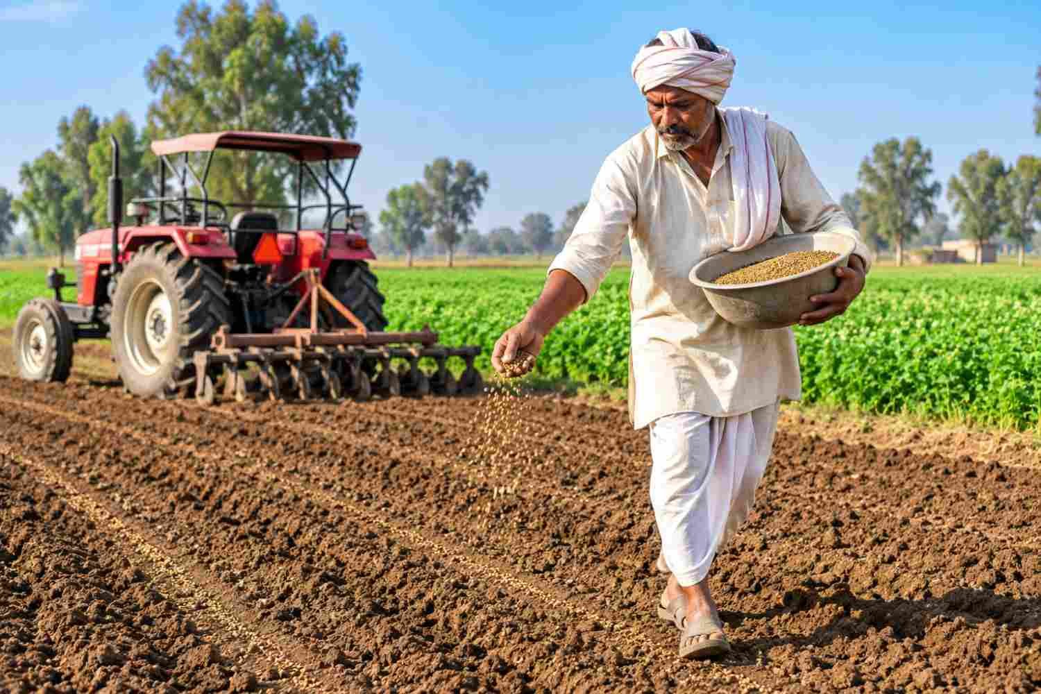 Farmer sowing berseem seeds in field for fodder cultivation in India