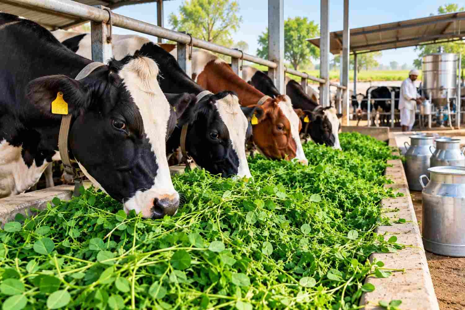 Dairy cows eating fresh green berseem fodder for milk production
