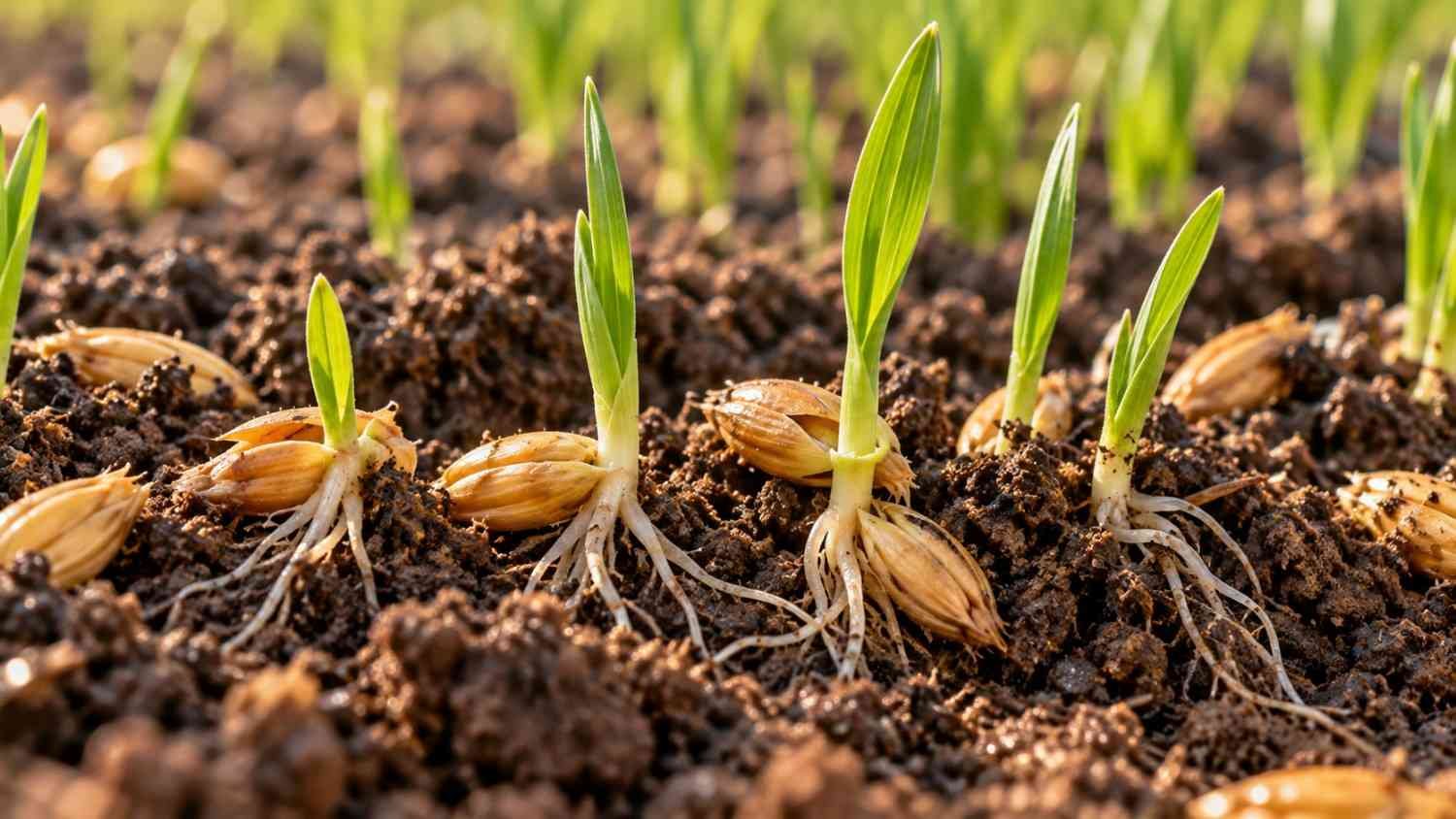 Barley seeds germination process with young seedlings