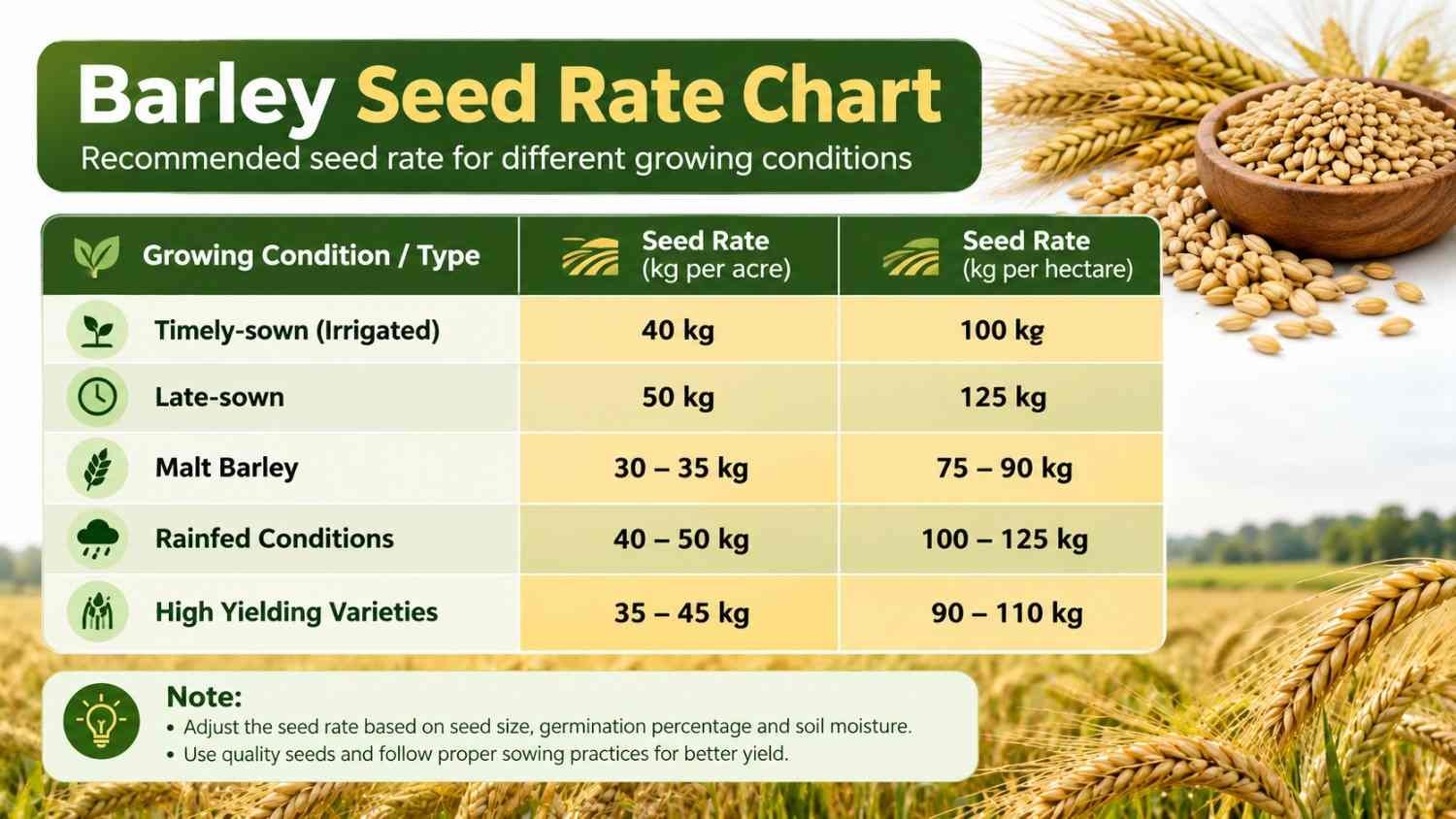 Barley seed rate chart per acre and per hectare