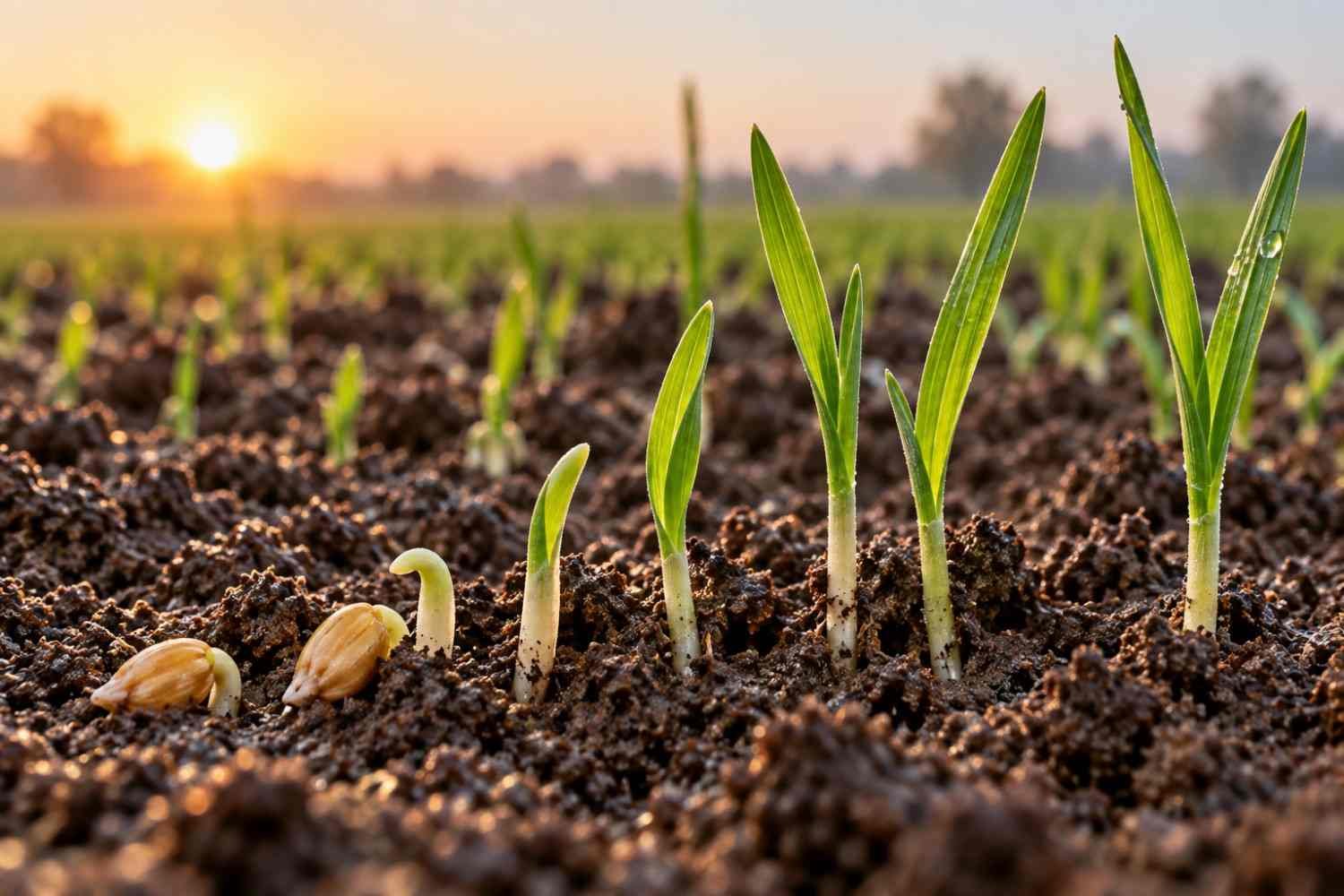 Barley seed germination process showing seedlings emerging in moist soil