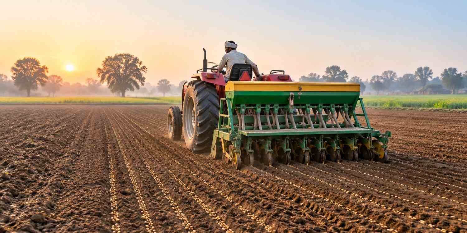 Seed drill sowing barley seed for farming in neat rows in an Indian field