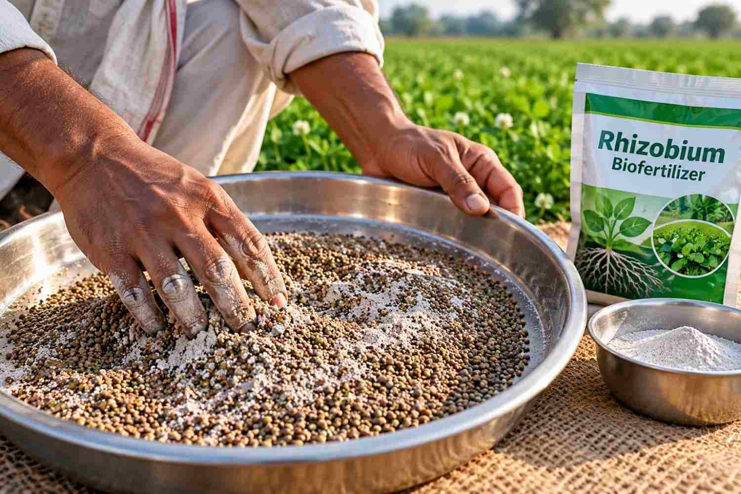Hands mixing berseem seed with Rhizobium culture before applying the berseem seed rate per acre
