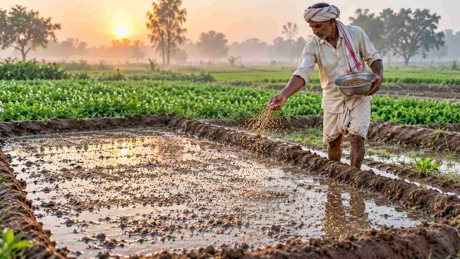 Broadcast sowing of berseem seed in a flooded bed using the right seed rate of berseem per acre