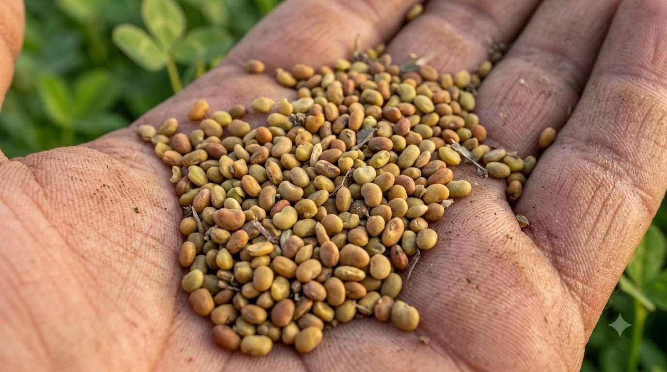 Close-up of Egyptian berseem clover seeds, a popular berseem variety