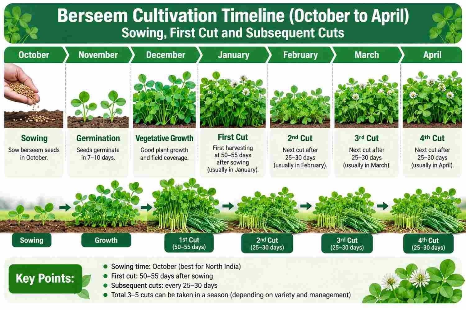 Berseem cutting schedule timeline showing duration and cuts for better berseem yield per acre