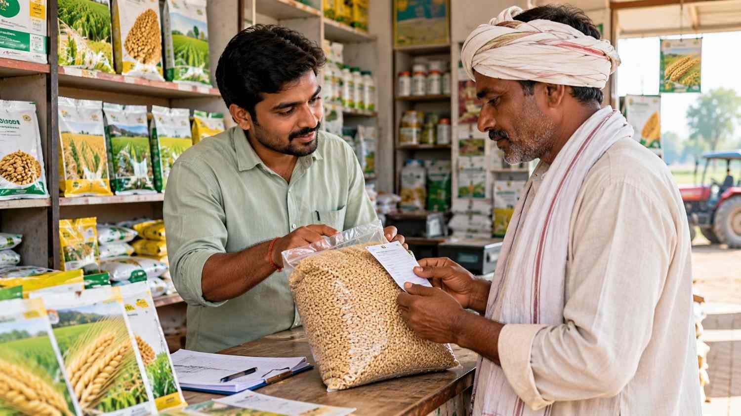 Farmer checking tag while buying barley seeds near me
