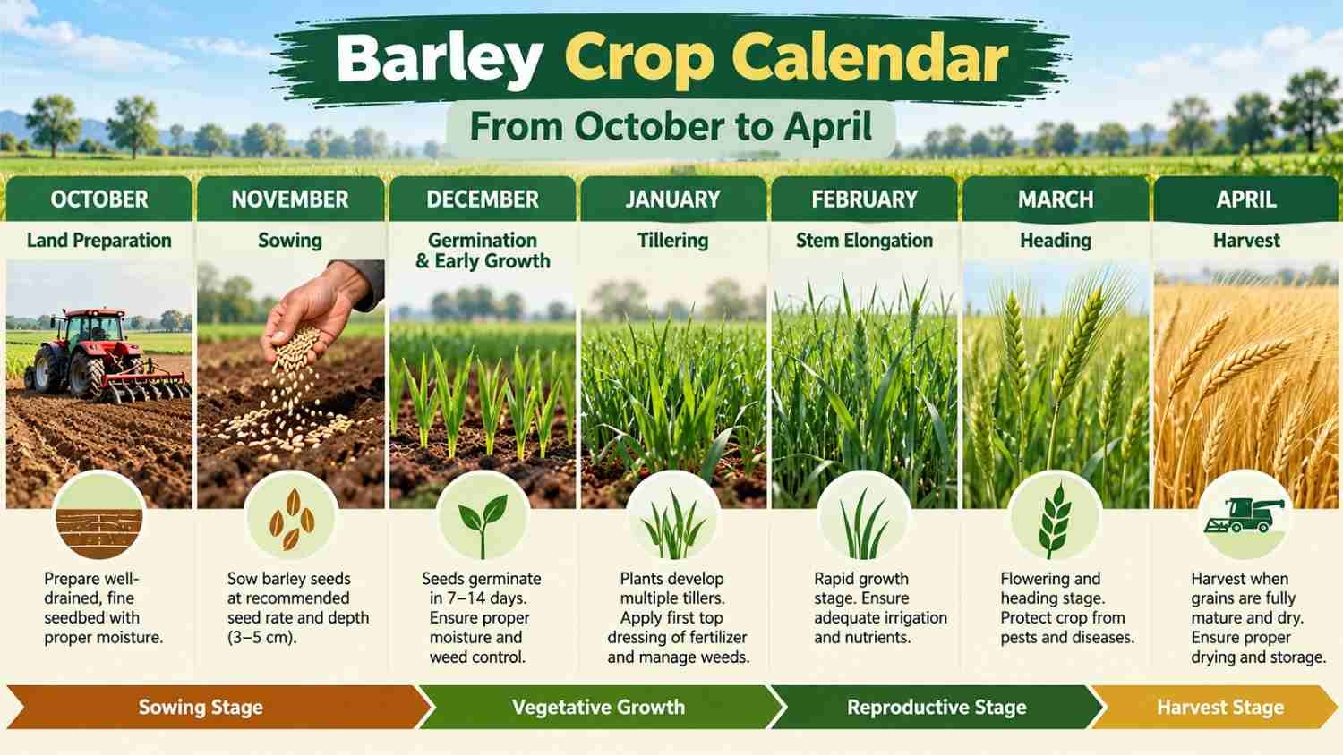 Barley growing season calendar showing barley sowing time and harvest