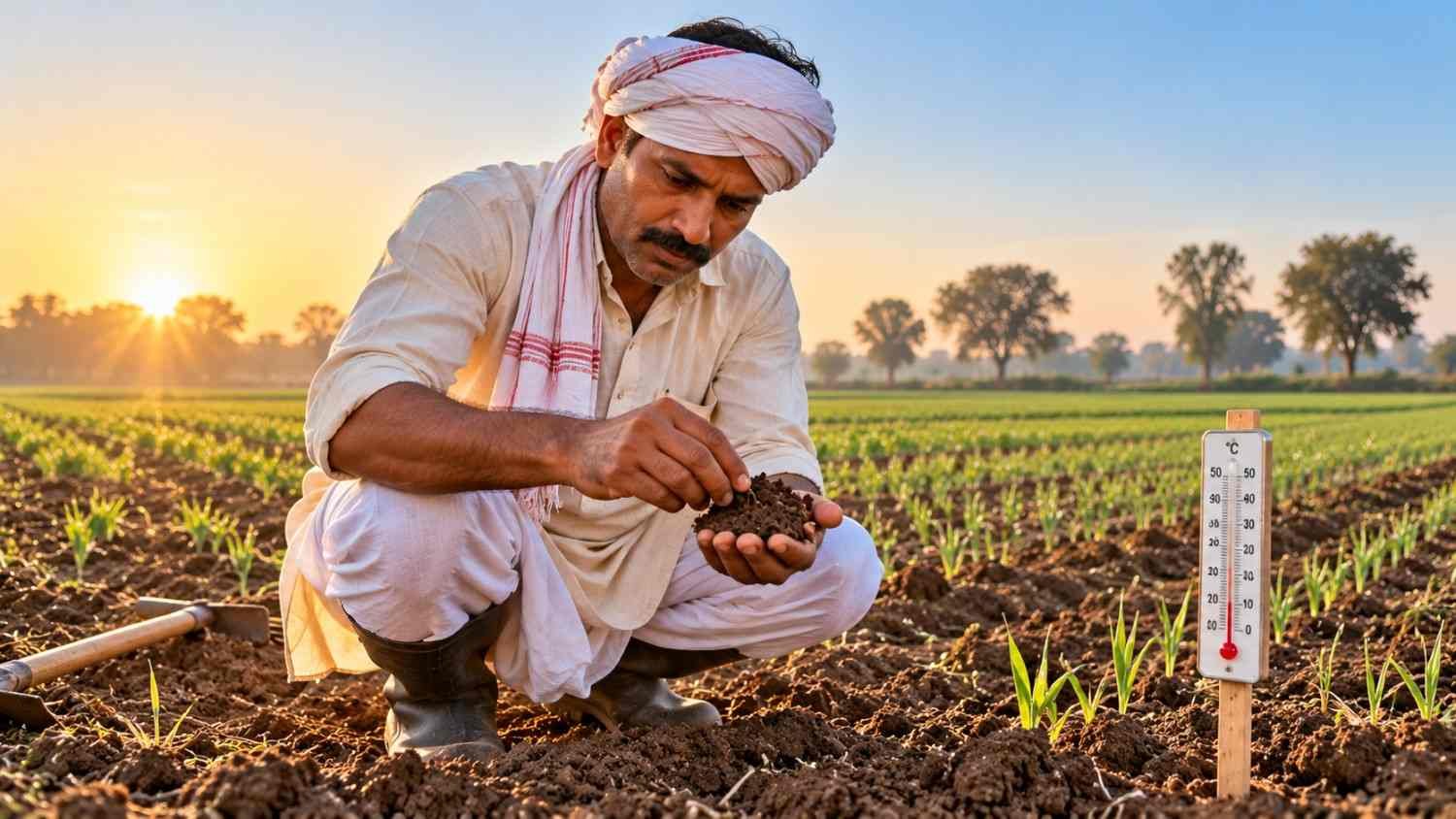 Farmer checking soil for the right barley planting time