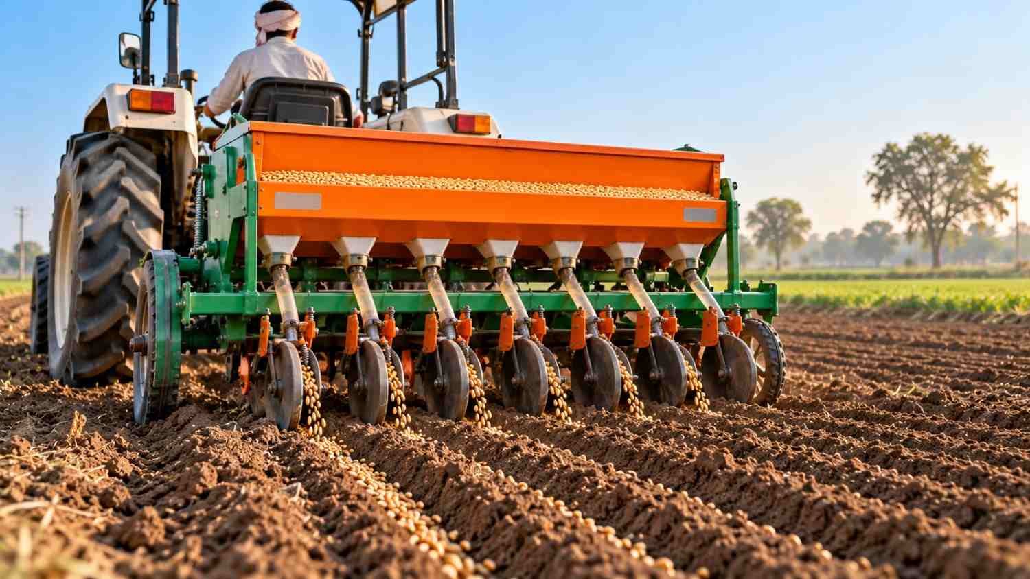 Sowing barley in rows with a seed drill at the right barley sowing time